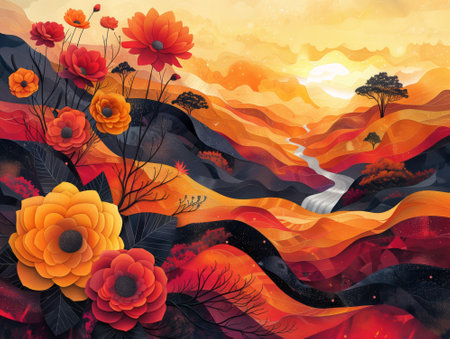 Landscape with red and orange flowers and hills in watercolor style. Vector illustration.の素材