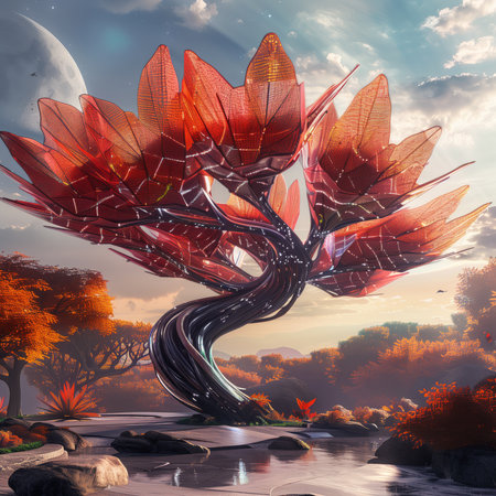 Fantasy tree with big glass leaves in the autumn forest. 3d render illustration.の素材