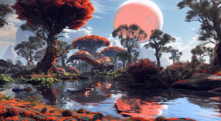 Fantasy landscape with trees, a river and a giant alien animal. 3D illustration.の素材