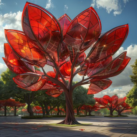 Beautiful concept design of a tree with advanced solar panels in the park. 3D illustration.の素材