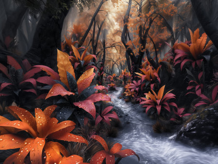 Tropical forest with beautiful colorful flowers and plants and a river. 3d render illustrationの素材