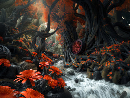 Fantasy landscape with red flowers and a river in a surreal forest. 3d rendering.の素材