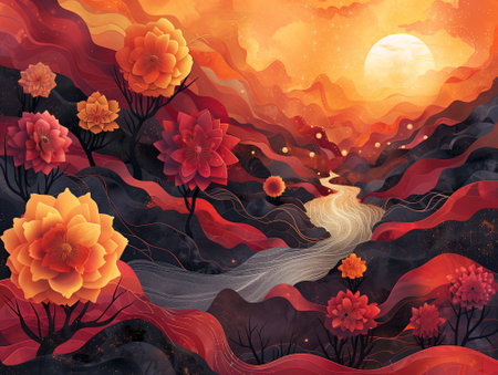 Surreal landscape with red and orange flowers and trees. Vector illustration.の素材