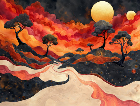 Autumn landscape with mountains, trees and sun. Abstract digital painting.の素材