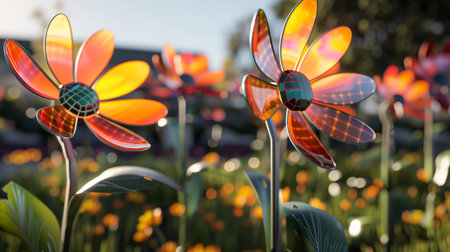 Concept design of solar panels in the appearance of a beautiful flower in the garden. 3D Rendering.の素材