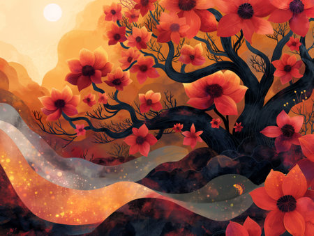 Beautiful autumn landscape with red blooms and trees. Vector illustration.の素材