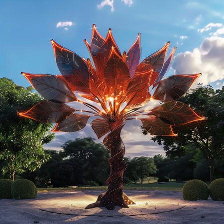 3D illustration of a beautiful concept design of a tree with advanced solar panels in the park.の素材