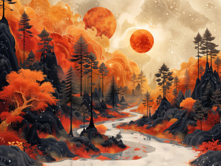 Fantasy landscape with forest and full moon. Digital art painting.の素材