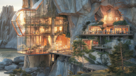 3D CG rendering of modern buildings in the mountains.の素材