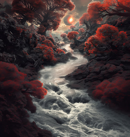 Fantasy landscape with a river and red trees. 3D illustration.の素材
