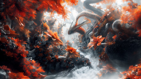 3D Illustration of a Fantasy Planet with orange Flora, a River and Alien Creatures.の素材
