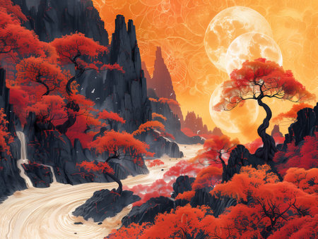 Fantasy landscape with mountains, trees and a full moon. Vector illustration.の素材