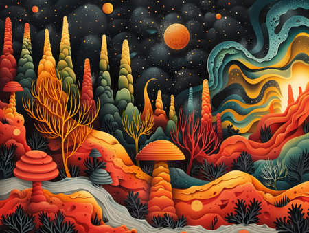 Abstract digital painting of forest and mountains at night. Vector illustrationの素材