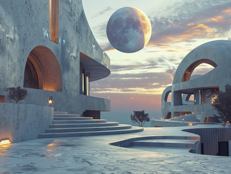3d render of a modern abstract building with open space and moon.の素材