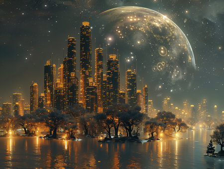 Fantasy cityscape with skyscrapers, trees and a lake in front of a huge moon. 3d renderingの素材