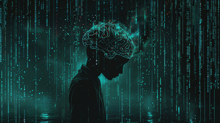 Conceptual image with human brain and binary code. 3d renderingの素材