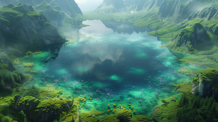 Fantasy alien planet. Mountain and lake. 3d render illustrationの素材