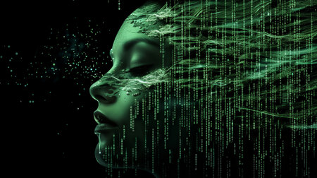 Cyberspace and virtual reality concept - futuristic female face made of binary code. 3d illustration.の素材