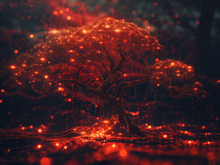 Abstract 3d rendering of big digital tree. Artificial intelligence concept. Technology background.の素材