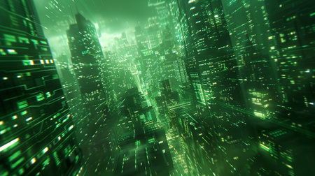 Green abstract background with skyscrapers and binary code. 3d renderingの素材