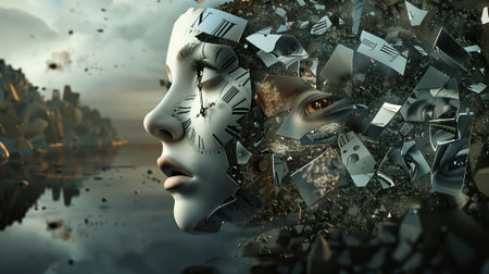 3D illustration of a woman's face surrounded by mirror fragments.の素材