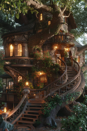 Wooden stairs leading to the fairy-tale treehouse in the forest. 3D renderingの素材