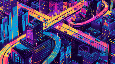 3d isometric city illustration. Cityscape with skyscrapers, roads, buildings, traffic lights.の素材