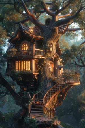 Luxurious wooden treehouse in the forest. 3D rendering.の素材