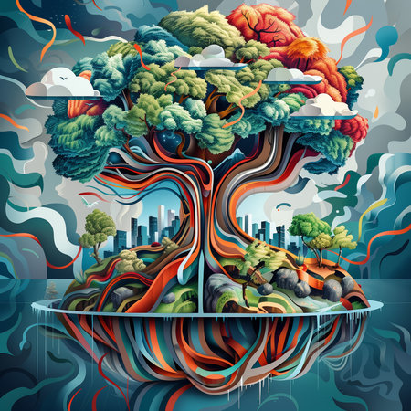 Fantasy landscape with a tree and a city. Vector illustration.の素材