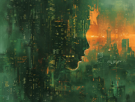 Abstract grunge background with double exposure of woman face and cityscapeの素材