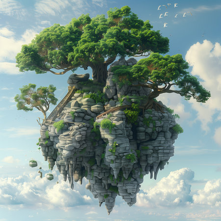 Bonsai tree on the island in the sky. 3d renderの素材