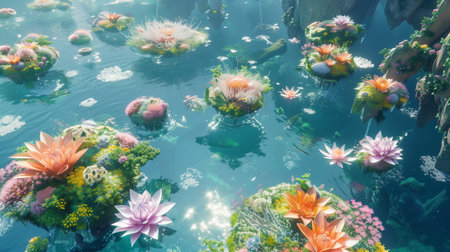Tropical flowers and plants floating in the water of the pond. 3d renderingの素材