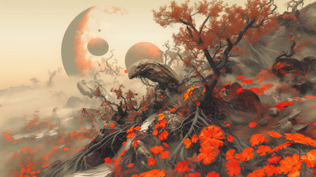 Fantasy landscape on an alien planet with abstract flora and fauna. 3d illustrationの素材