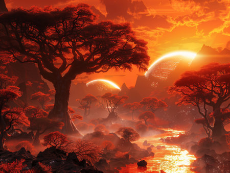 Fantasy landscape with trees and mountains on a background of the twin suns. 3d rendering.の素材