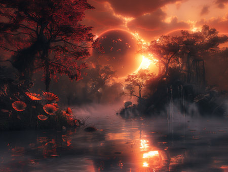 Fantasy alien planet with sun and fog. 3d render illustration.の素材
