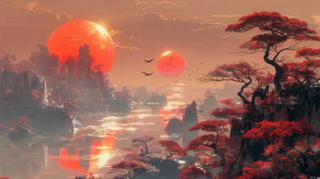Fantasy landscape with two red suns, a river and trees. 3D illustration.の素材