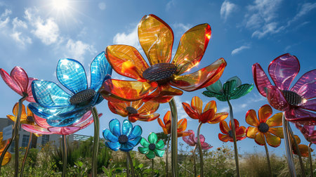 Colorful windmills with flower designs in the garden on a sunny day. Environment concept rendering.の素材
