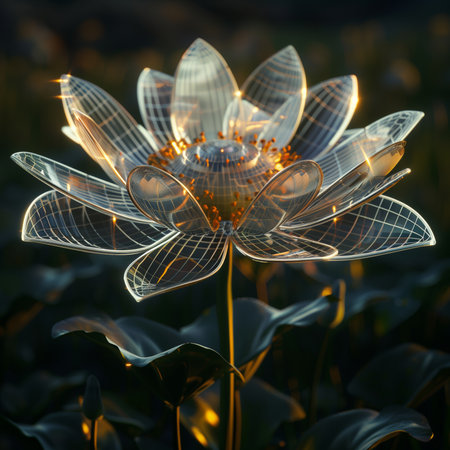 Beautiful artificial flower in the field at sunset. 3D rendering.の素材