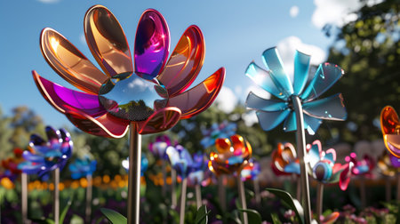 Colorful windmills in the shape of flowers on a flowerbed in the park. 3d renderingの素材