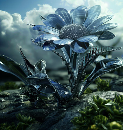 3D illustration of a fantasy flower with solar cells. Renewable energy concept.の素材