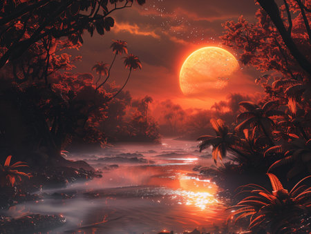 Fantasy landscape with palm trees and a red moon. 3d renderingの素材
