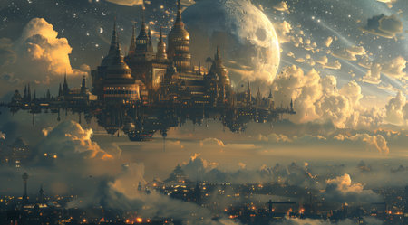 Fantasy Landscape with Magic City in the sky and Moon. 3D Renderingの素材