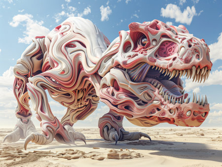 3d rendering of a peculiar fantasy dinosaur in the desert against a blue sky.の素材