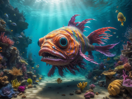 3d rendering of underwater scene with a colorful tropical fish swimming in the ocean.の素材