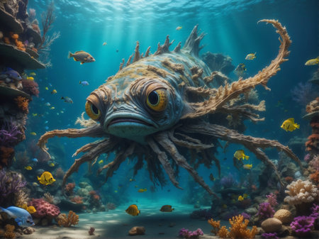 Underwater view of a tropical coral reef with fantasy fish and seaweed. 3d rendering.の素材