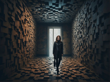 Young woman in a dark room with a glowing window. 3d renderingの素材