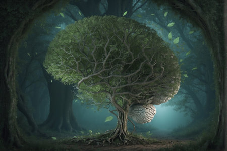 Conceptual image of a tree shaped like a human brain in the forest. 3d renderの素材
