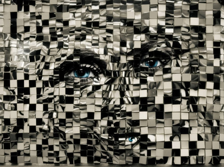 Black and white illustration of a woman's face made of mosaic tilesの素材