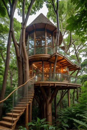 Large cozy treehouse with wooden stairway in the park. 3D rendering.の素材