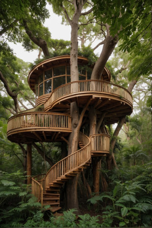 Large wooden treehouse with balconies in the rainforest. 3d rendering.の素材